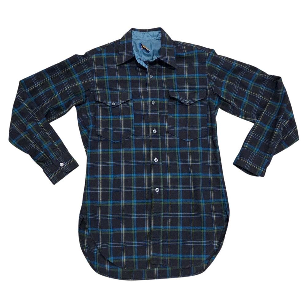 Vintage Pendleton Shirt Button-Up Virgin Wool Plaid Flannel Blue Green Mens 14.5